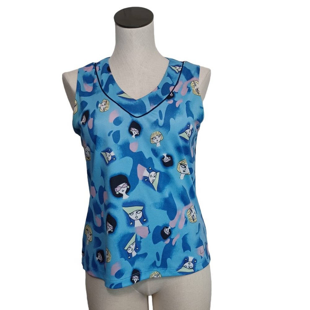 Terry Cycling Jersey‎ Womens Medium Faces Print Sleeveless V Neck Back Pockets